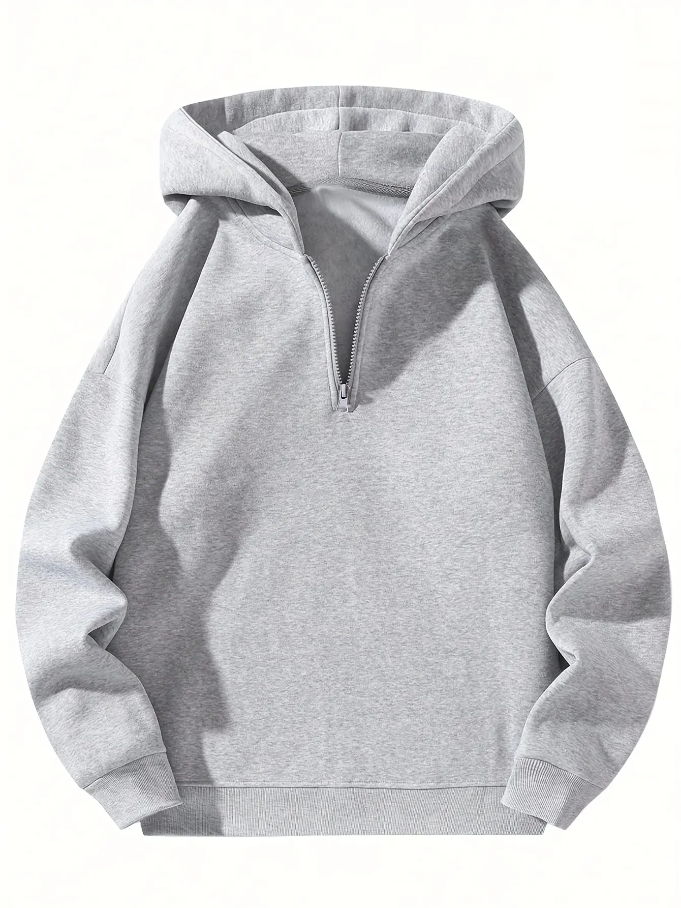 100% polyester half-zip hooded sweatshirt — unisex loose casual pullover for autumn/winter, solid color with half-open front; fully polyester, wrinkle-resistant, comfortable, loose fit, versatile casual top; relaxed half-zip hoodie, loose, 100% polyester