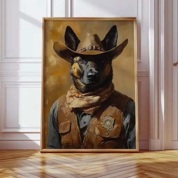 Sheriff German Shepherd Dog in Western Hat &  Badge Wall Art, Dogs Cowboy Poster, Trendy Animal Rustic Print, Gift for Pet Lovers, Farmhouse Homes, Unframed