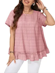 [Plus Size] Solid Ruffle Trim Blouse Shirts, Casual Elegant Top for Summer, Women's Clothing for Daily Wear