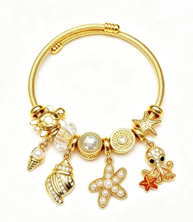 Gold Ocean Sea Themed Open Cuff Bangle, Adjustable Twisted Cable Wire Bracelet with Octopus, Turtle, Starfish, Seashell, Pearl & Crystal Charms, Summer Beach Stackable Jewelry Gift for Women Girls