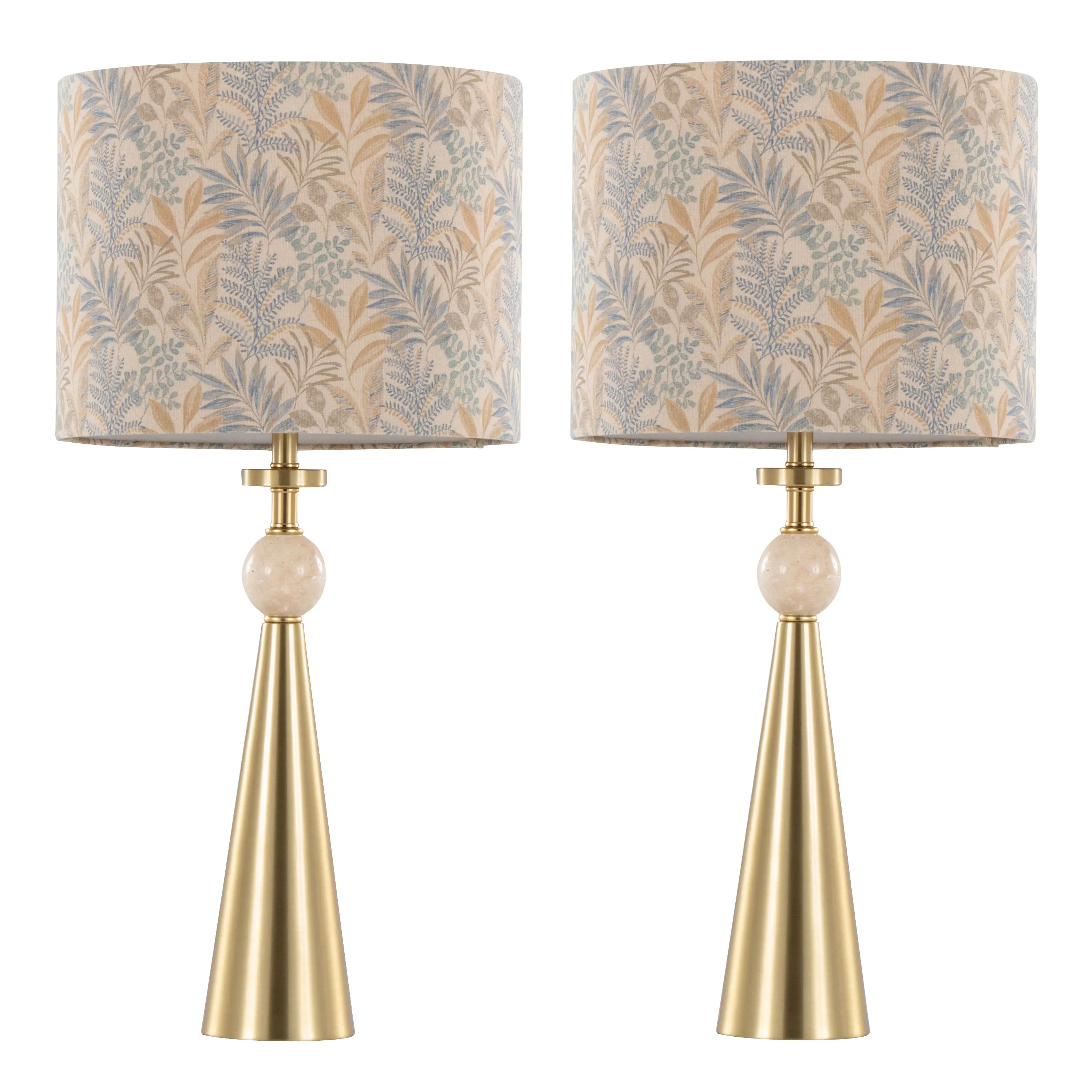 Set of 2 Table Lamps with Travertine Stone Accents, Gold Metal Base, and Tan Leaf Fabric Shade
