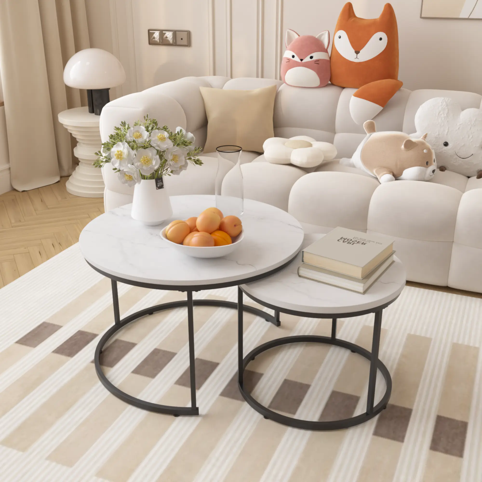 【SAVEYOUR】2-Piece Stackable Nesting Coffee Table Set, 27.6 inch Round Marble Top, Metal Frame, Minimalist Exquisite Detail Design, Indoor Furniture for Living Room & Bedroom Decor, Bedside Tables, Room Decor, Metal Base