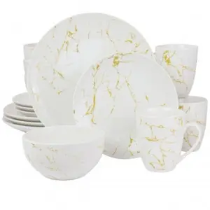 Elama 16-Piece Fine Marble Stoneware Tableware Set - Gold and White, Includes Dishes and Plates, Dishwasher-Safe