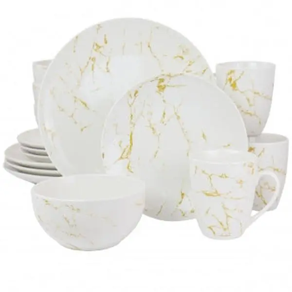 Elama 16-Piece Fine Marble Stoneware Tableware Set - Gold and White, Includes Dishes and Plates, Dishwasher-Safe, Dinnerware Sets, Gold-Colored Dinner Sets
