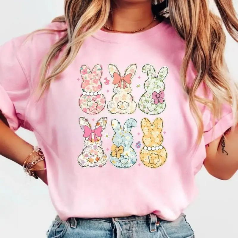 Women's Coquette Easter Bunny Floral Print Crew Neck Cotton Tee - Retro Short Sleeve, Heavyweight Combed Fabric, Basic Fashion Navy Graphic Top, Round Neck, True-To-Size, Easter Bunnies