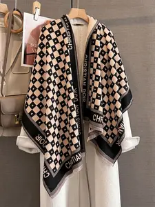 Autumn Winter Plaid Heart Embroidered Scarf, Dual-Sided Color Block Neck Warmer, Fringe Shawl, Warm and Stylish Accessories