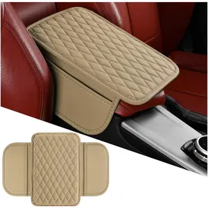Center Console Cover, Microfiber Leather  Armrest Protector Cushion with 2 Storage Bags, Auto Interior Arm Rest Seat Box Pad Accessories, Universal for SUV, Sedan,  (Beige)