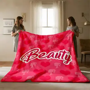 Barbie Style Flannel Slogan Print Blanket Heart Pattern Beauty Letter Sweet Girl Warm Throw Cover, Cozy Home Decor for Winter Season