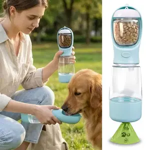 Three-In-One Portable Dog Water Bowl with Food Container and Poop Bag, Portable Pet Drinking Bottle, Travel Distributor for Pets, Outdoor Feeder, Animal Water Bowl