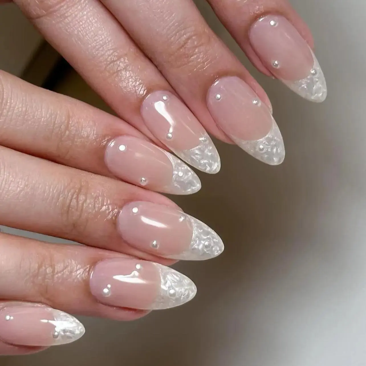 Pearl French Nails, Clear Tip Nails, Almond Press Nails, Nude Pearl Nails, Elegant Fake Nails, Wedding Nail Set