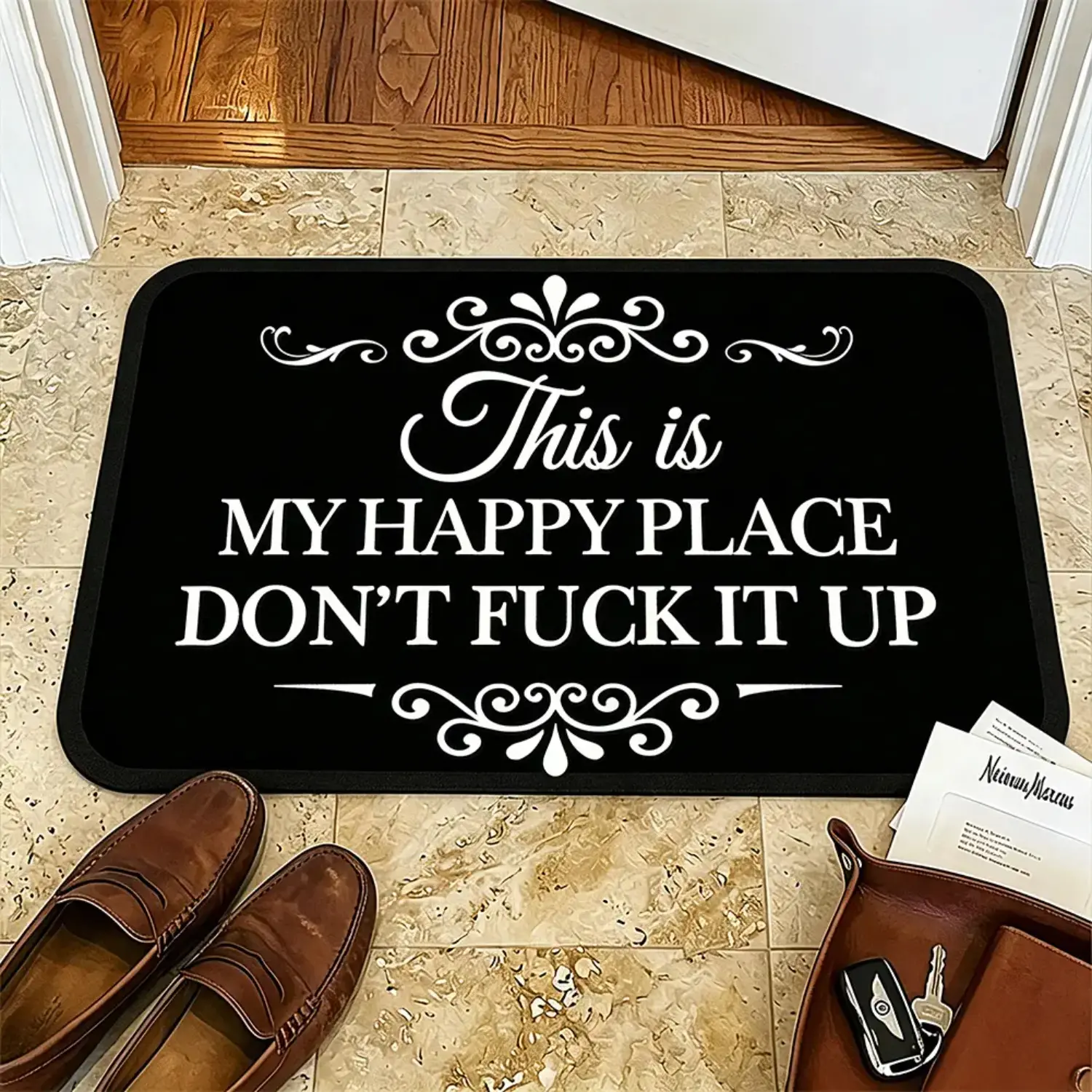 All Black Durable Customised Doormat with Humorous Letters Quote "This Is My Happy Place Don’t F*** It Up", Anti-Slip Rubber Backing, Soft Absorbent Mold-Resistant Diatomite Textile Rug, Front Door Decor (15.75×23.62in/16×24in Small/19.69×31.50in)