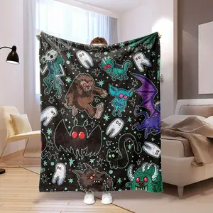 Glam Style Cryptids Black Flannel Blanket - Soft, Comfortable, Tear-Resistant Polyester Throw with Spooky Cartoon Creature Print, Perfect for Picnics and Home Decor, All-Season, Warm Haven Textiles