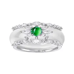 New Chinese-style natural white chalcedony floral green bead ring for women, a double concentric set ring that rivals the luxury and sophistication of high-end rings
