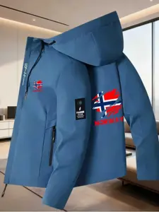 Men's Streetwear Norway Print Hooded Jacket, Fall Winter New Premium Zipper Pocket Coat, Casual Fashion Outdoor Sports Jacket