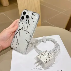 6-Piece iPhone Case Cover Set, Transparent Retro Art Lightning Design, Shockproof, Includes Charger Head, Data Cable Protectors, Storage Rope