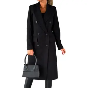 Lady's New Fashion Long Wool Double-Breasted Trench Coat, Long Sleeve Blazer Outfits for Fall Winter, Compatible with Raincoats (Sports & Outdoor Ready)