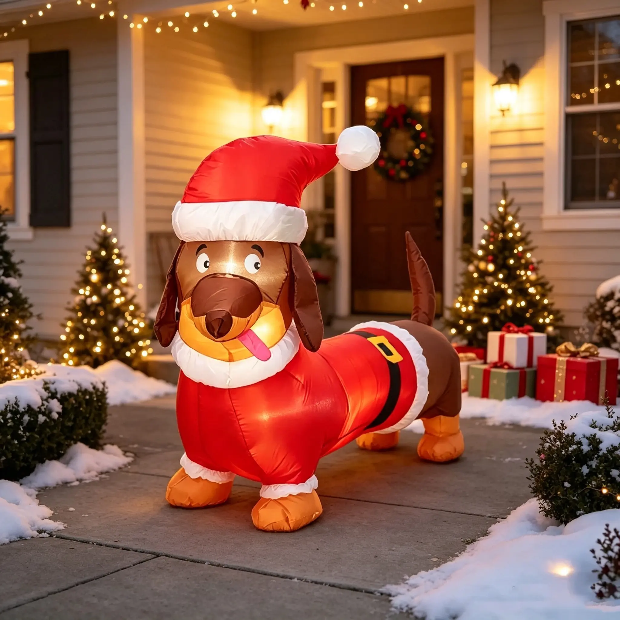 Christmas Inflatable Dachshund Dog with Built‑in LED Lights, Santa Costume Light Up Blow‑Up Wiener Dog, Outdoor Yard Lawn Porch Holiday Decoration for Christmas Party Home Decor