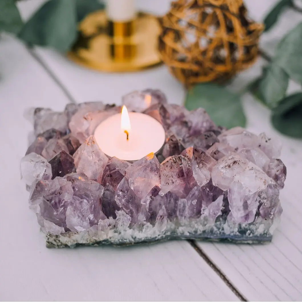 Raw Amethyst Candle Holder, Raw Quartz, Decor, Crystal, Gift, Candleholders, Candle Decor, Amethyst, Healing Crystals, Amethyst Cluster