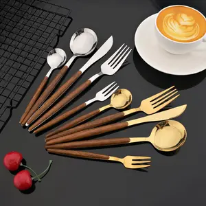 Stainless Steel Cutlery Set, 4 Counts Wooden Handle Cutlery Set, Including Forks & Spoons & Knives, Tableware Set for Home, Hotel and Restaurant