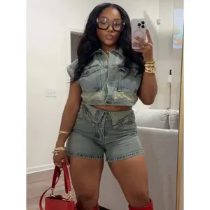 Jeans  Patchwork Women 2 Piece Set Frock Tracksuit Single-Breasted Pocket Tank Tops+Lapel Short Matching Streetwear Outfits Womenswear Clothes