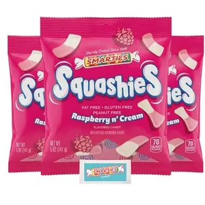 Smarties Squashies Foam Marshmallows Gummy Candies & Smarties Sample Packet Variety Pack - Raspberry & Cream Flavored - Allergen Free, Peanut Free & Gluten Free Candy - Soft & Chewy Squashies Candies - 5 oz Bag (Pack of 3)