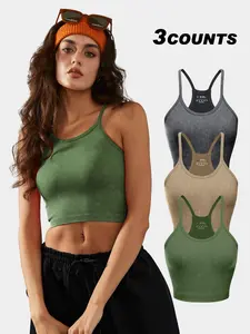 Women's Textured Ribbed Sports Vest, Sleeveless Spaghetti Strap Crop Top for Yoga Gym Workout Running, Ladies Sportswear for Summer, Minimalistic Activewear, Exercise Activewear, Athletic Training Apparel, Fitness clothes tops, Solid Color Tops