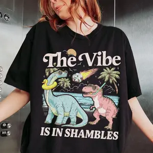 Men's Casual Seamless Smooth Soft Cotton Round Neck Tshirt - Funny Dinosaur "The Vibe Is In Shambles" Design, All-Seasons Menswear Top, Mental Health Gift Clothing