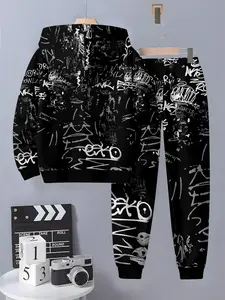 Boys' Fashion 3D Print Graffiti Casual Hoodie, Long Sleeve Fitted Hooded Top for Spring & Fall, Regular Fit Outdoor Wear, Graphic Hoodies