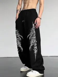 Dark Thorn Totem Wide Leg Pants, Loose Fit Drop Crotch, Unisex, Soft Cotton Blend Fabric, Drawstring Waist, Streetwear Style