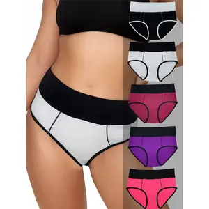 5-Pack Mixed Colors Women’s High Waist Butt Lifting Cotton Briefs, Contrast Color, Casual & Comfortable Plus Size Breathable Underwear