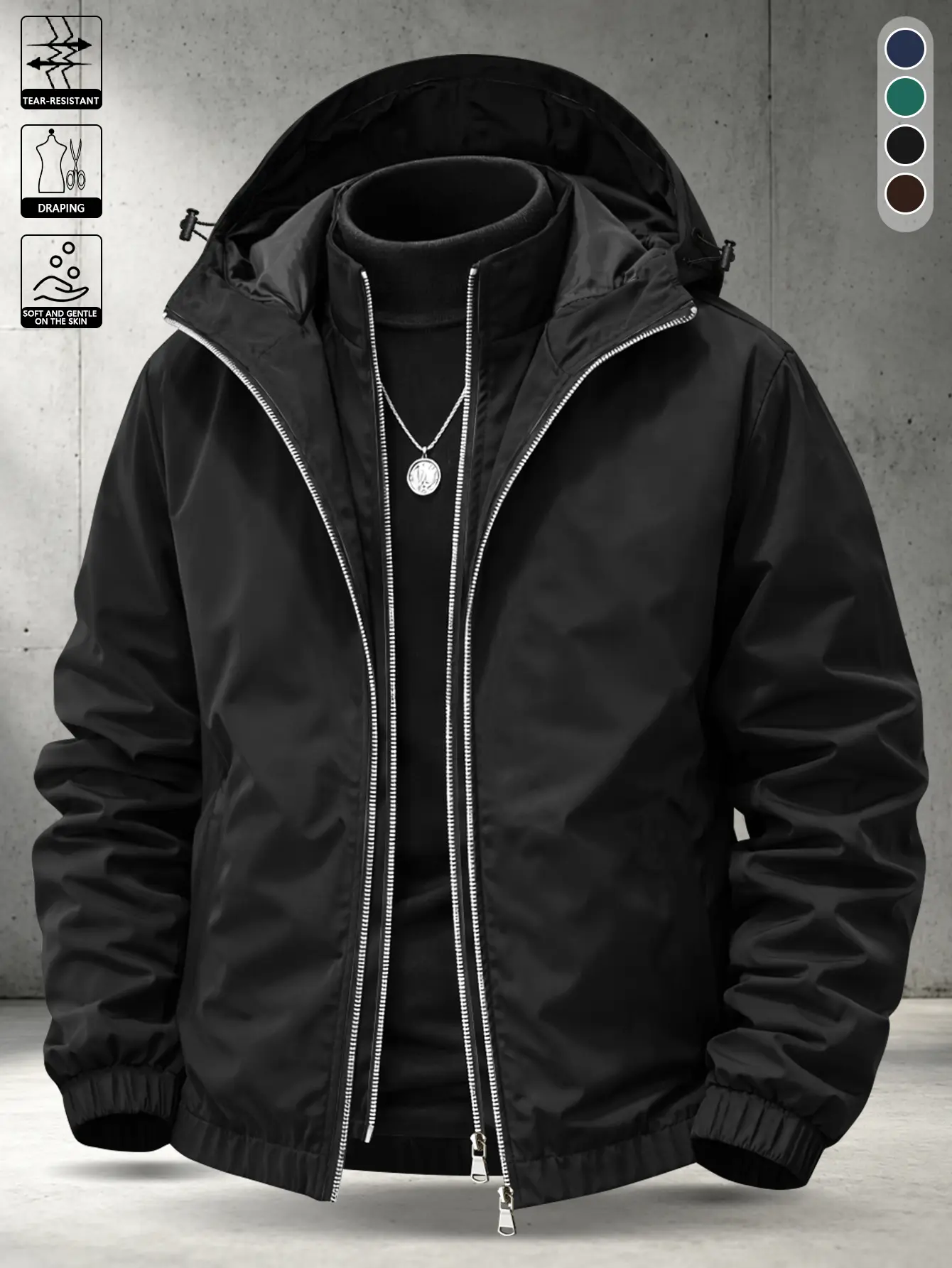 Men’s double-layer zip hooded windproof softshell jacket; fabric is wear-resistant, skin-friendly, and drapes well. Windproof and water-repellent, lightweight and breathable. Full-zip jacket equipped with an adjustable drawstring hood, side pockets, and e