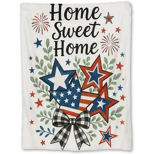 Home Sweet Home Patriotic Blanket Gifts, Stars USA Flag Bow Fireworks Flannel Throw Blanket for Couch, Bed, Travel & Decor, Cozy Lightweight Warm Blankets for 4th of July Women