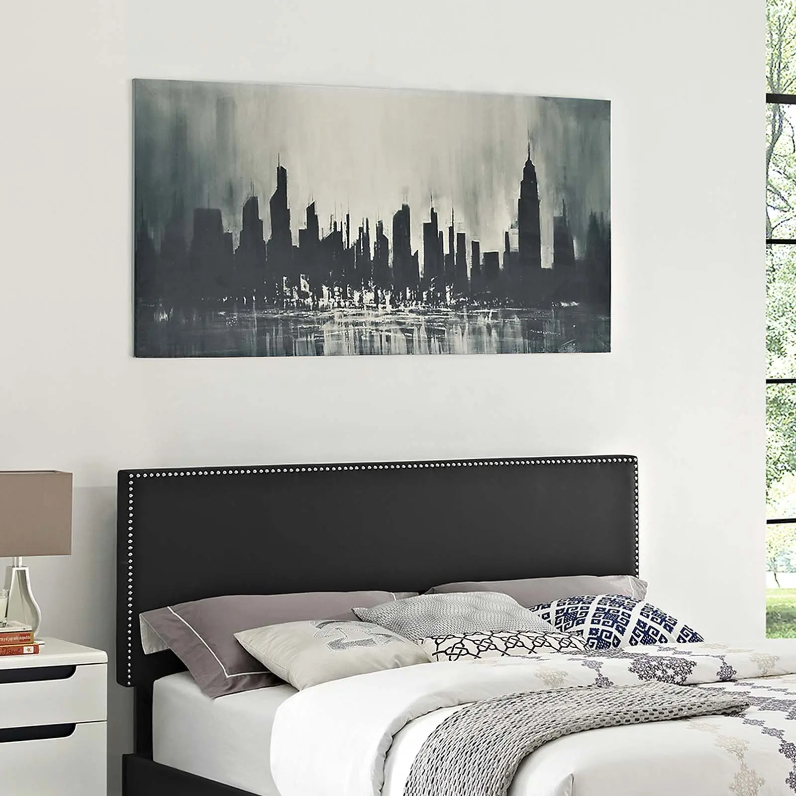 Modway Phoebe King-Size Upholstered Vinyl Headboard, Chic Minimalist Sleek Design, Dense Foam Padding, Black Indoor Furniture, Durable Headboards
