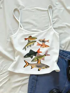 Vintage Fish Print Crop Cami Top for Women | Adjustable Spaghetti Strap Slim Fit Tank | Y2K Aesthetic Summer Sleeveless Tee | Casual Retro Ocean Graphic Camisole #TikTokFinds #FishPrintTop #CropCami #Y2KAesthetic #SummerTankTop #AdjustableStrap