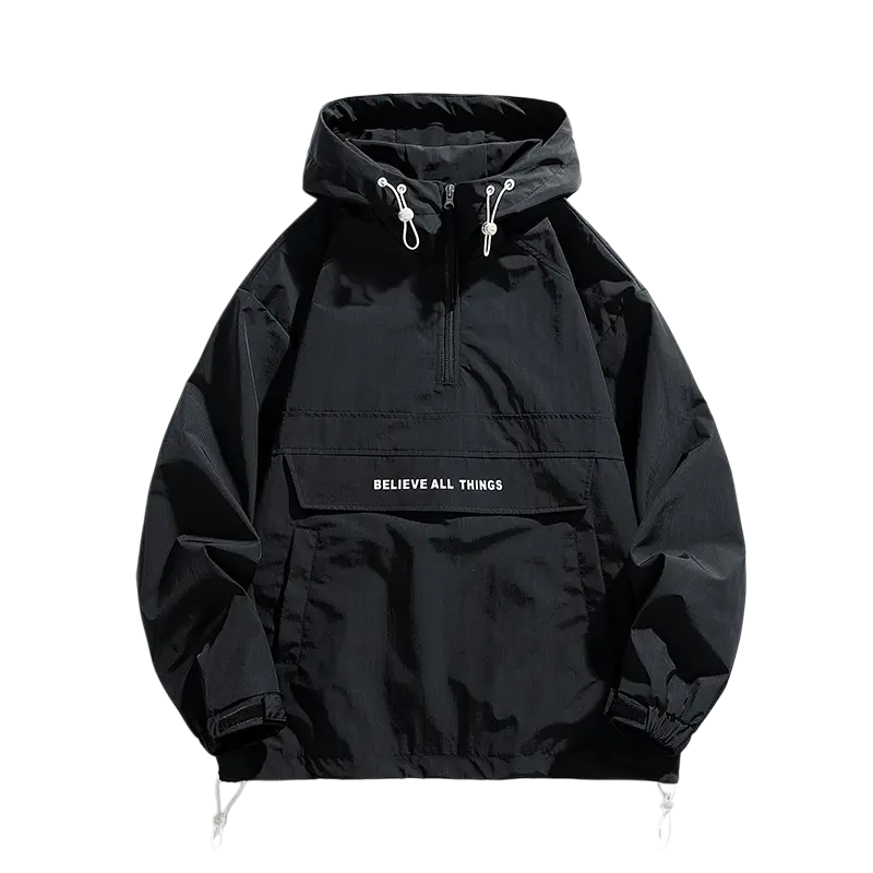 Men's Casual Plain Half-Zip Hooded Windbreaker, Stylish Long Sleeve Menswear Coats for Outdoor Adventures, Aesthetic Men's Lightweight Jackets