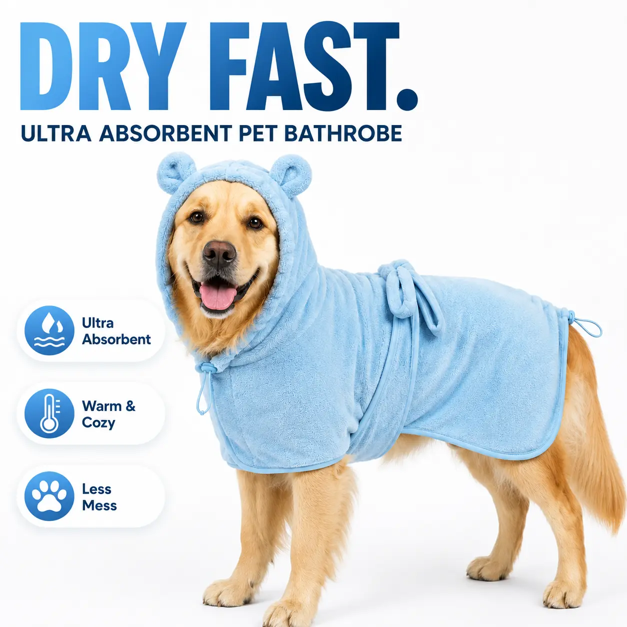 Koogal Quick Drying Ultra Absorbent Polyester Dog Bathrobe Towel - Adjustable Waistband, Cute Bear Ear Hood, 1-Size Fits 6-115 lbs Dogs for Post-Bath Grooming Use,silicone,brush