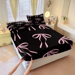 Pink heart & bow-knot print 3 Pcs fitted sheet set, Bed sheet sets, including 2 coreless pillowcases, strong wrapping, features a smooth black background with delicate ribbon bow-knots & heart accents, durable bedding