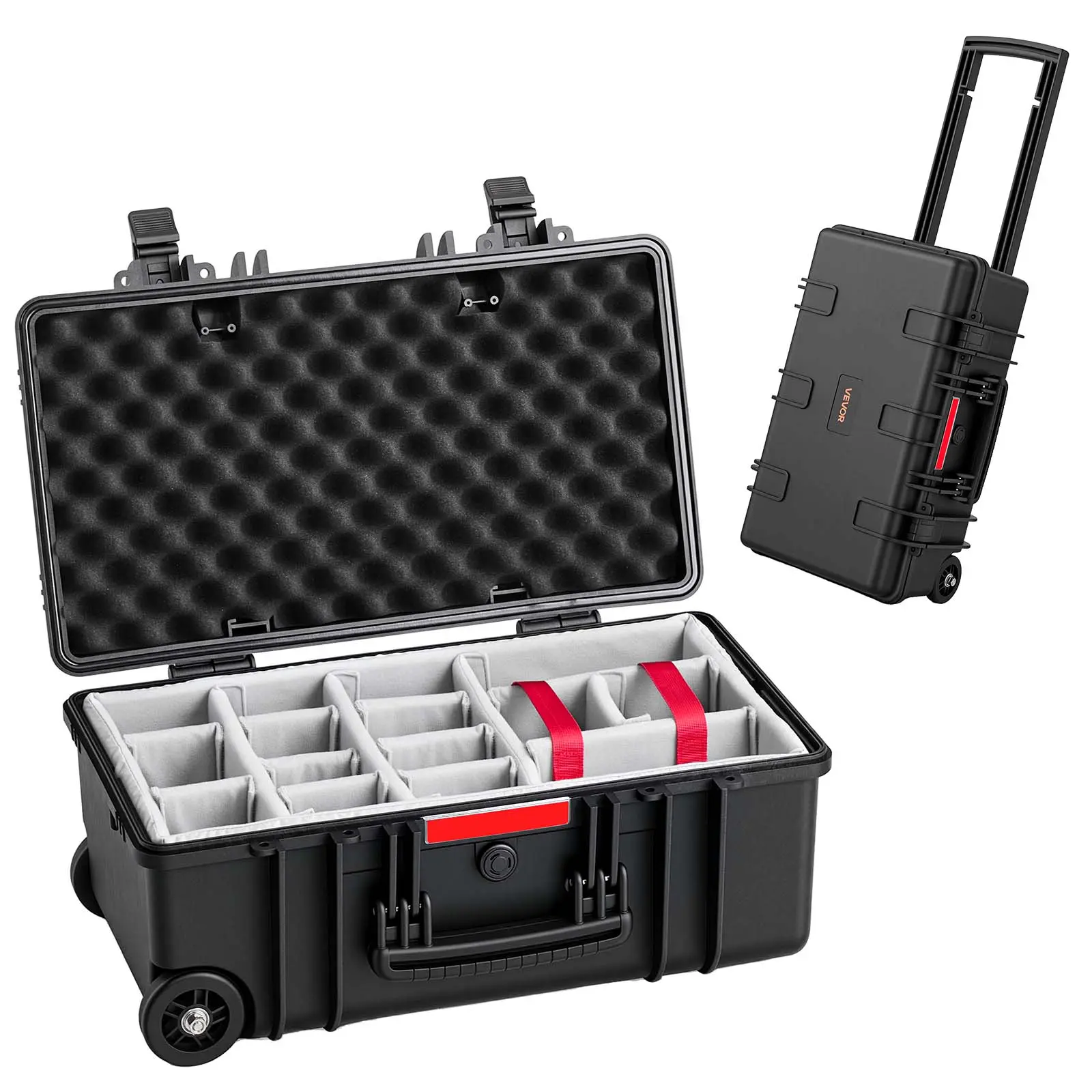 VEVOR IP67 Rated Weatherproof Hard Case (21.85x13.58x9.84 in), Heavy Duty Protective Dry Box for Drones & Cameras, Customizable Dividers, Retractable Handle, Black,toolupgrade