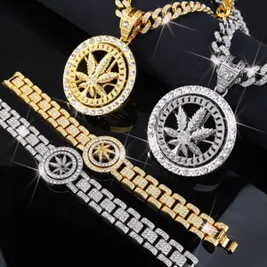 2-Piece Hip Hop Fashion Necklace & Bracelet Set for Men - Featuring A Rotating Watch-Style Bracelet and Maple Leaf Pendant, Perfect for Pendant Necklace Lovers for Men,Ideal for Hop Jewelry Enthusiasts