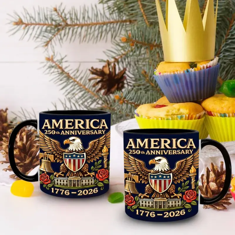 Ceramic Coffee Mug - Reusable, Glossy America-Themed Mug for USA 250th Anniversary (1776-2032), Eagle & Liberty Bell Design, Microwave Safe, Washable Kitchenware Collectible Gift for Independence Day Enthusiasts, Collectibles