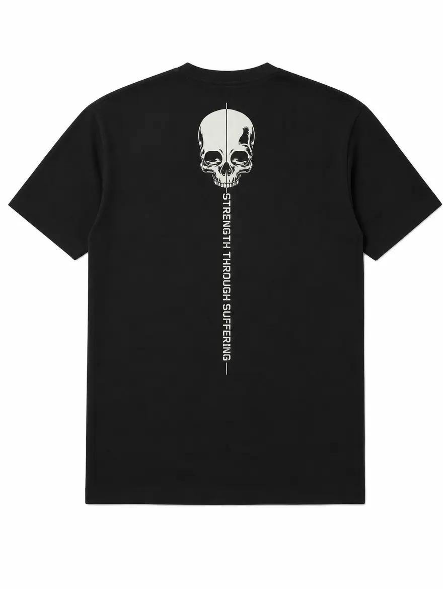 Strength Through Suffering Skull Tactical T-Shirt for Men, Minimalist Military Mindset Graphic Tee, Stoic Warrior Streetwear, Operator Style Apparel, Veteran Gift Idea, Dark Motivational Gym Shirt