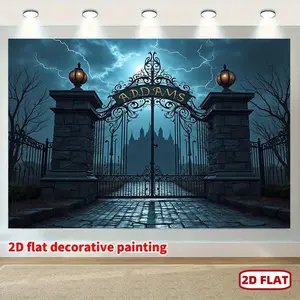 1pc 2D Flat Gothic Addams Family Banner - Spooky Halloween Party Decorations with Gothic Gate, Haunted Castle Backdrop & Addams Sign - Large Gothic Arch with Black Lettering - Durable for Indoor/Outdoor Use Ornaments