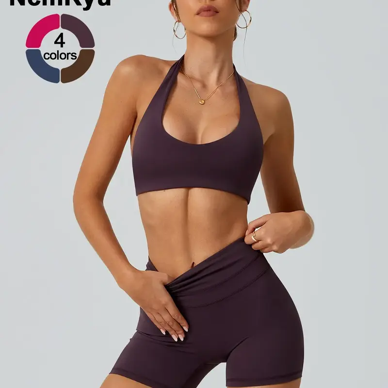 2 piece set, Compression sportswear set, Compression sports clothing, women's sports bras shorts detachable chest pads hanging neck exposed back high waist high elasticity abdominal compression hip lifting quick drying yoga gym training clothes