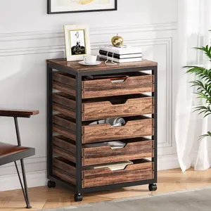 Tribesigns Industrial 5 Drawer Chest, Wood Storage Dresser Cabinet with Wheels,Organizer Cart Dresser