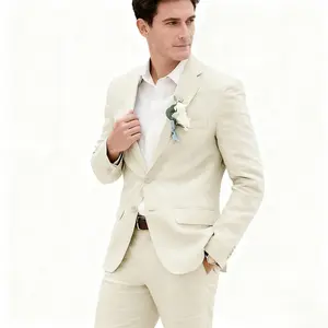 Men’s Summer Linen Suit Set (Beige & Navy) | Slim Fit Breathable Blazer & Pants | Stylish Outfit for Wedding, Date Night & Summer Events bedazzled  suit business jacket luxury  suits Slim-Fit Single Breasted Suit men 2 piece sets slim