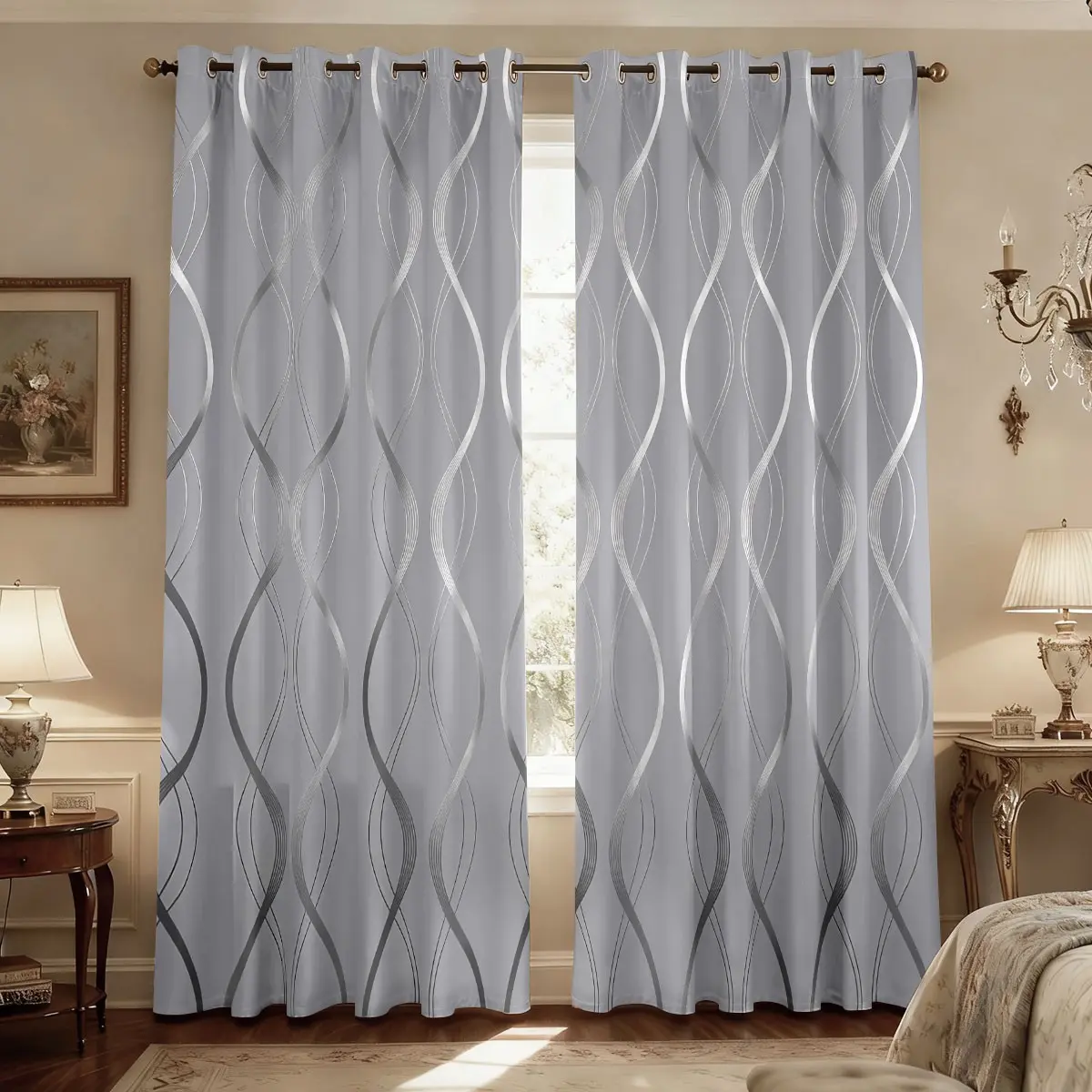 Blackout Curtains for Bedroom, Home Decoration Curtain, Curtains 63 Inches Length Curtains Gold Foil Abstract Geometric  Curtain for Living Room Darkening, Window Panels for Guest Room Grommet Top 2 Panels Blackout Window Cover, Home Decorative Curtain