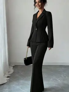 Women's two-piece black lapel multi-button waist-cinching ruffled hem blazer and high-waisted leg-lengthening suit pants set, fashionable and versatisuitable for all seasons, daily wear, events, and other occasions.