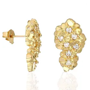 MaxBling81 Unisex 14K Gold-Plated Brass Nugget Stud Earrings - Iced Cubic Zirconia, Casual Wear, Elegant Fashion Jewelry Accessory for Men and Women, Brass Studs