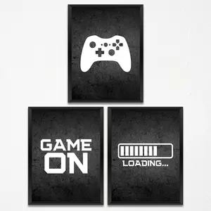 Black and White Gaming Wall Art Prints for Boys Room Decor - 3 Pcs Posters for Office, Home, Bedroom & Playroom Gifts Set Paintings Unisex Ornaments