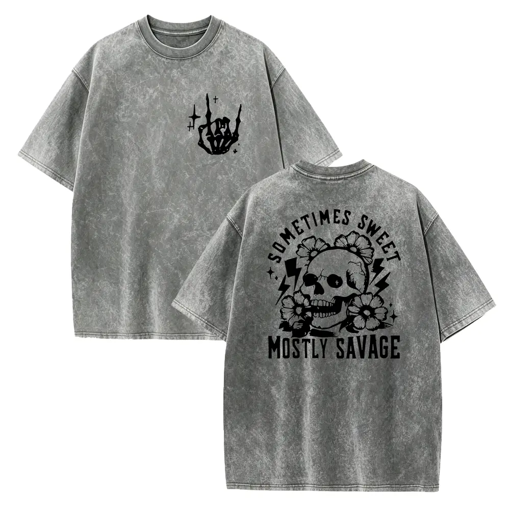 Women's 100% Pink Gothic Tunic T-Shirt - Edgy Skull & Lightning Bolt Graphic with "Sometimes Sweet Mostly Savage" Slogan, Loose Fit Short Sleeve Crew Neck Top for Spring/Summer Casual & Party Wear, Machine Washable